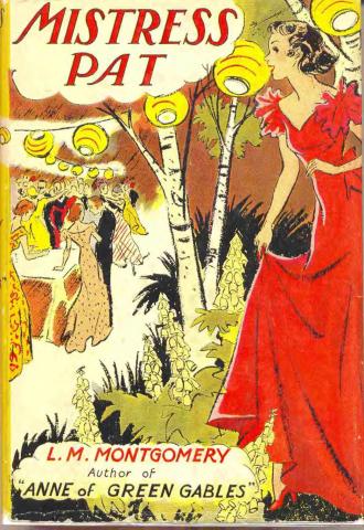 Painted book cover of Mistress Pat. A woman is wearing a red dress looking to the left, where there are many other people dressed up and talking. 