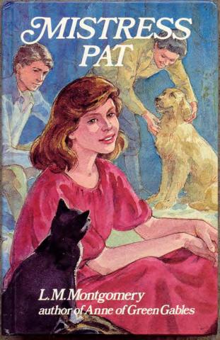Painted image of Mistress Pat. A woman sits looking to the right into the distance. Behind her are two people. One is petting a dog.  
