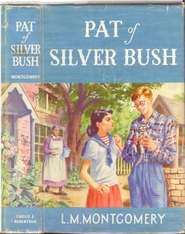 Painted book cover of Pat of Silver Bush. Two children are standing outside in front of a house. One is holding a cat. Behind them is a woman. 