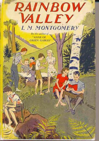 Painted book cover of Rainbow Valley. A group of eight children is in the woods. 