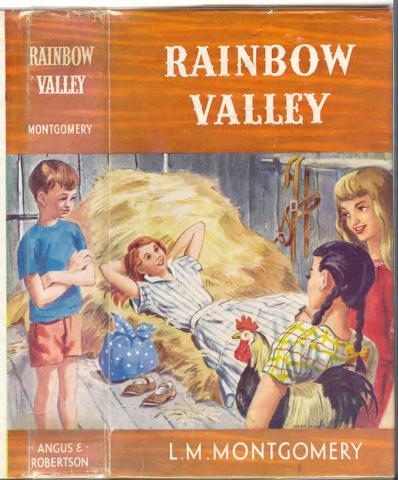 Rainbow Valley 1958 Painted book cover of Rainbow Valley. Four children are in a barn. One is holding a rooster, two are standing, and a fourth is lying in a pile of hay.