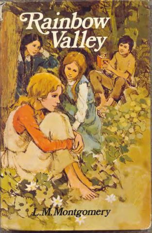 Painted book cover of Rainbow Valley. Four children are sitting in a forest. One child is holding a book and a pen. 