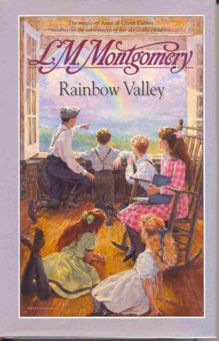 Painted book cover of Rainbow Valley. Five children look out a window at a rainbow. One girl is sitting in a chair holding a book. 