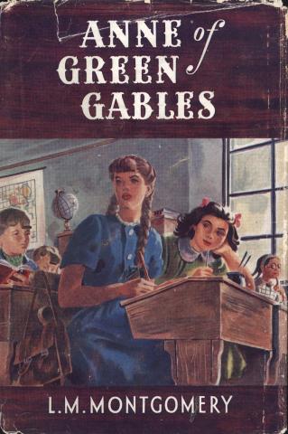 Painted book cover of Anne of Green Gables. Anne and Diana are sitting at a desk holding pencils.  