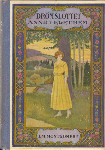 Painted book cover depicting a woman with yellow hair, wearing a yellow dress, standing under a tree. There is a border around her that is blue with roses.  