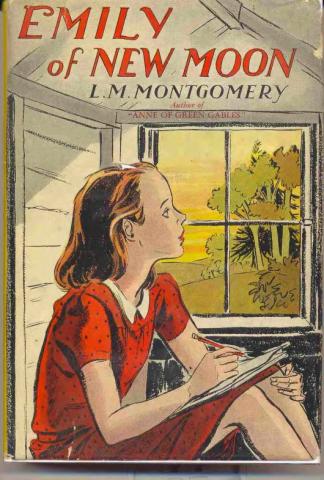 Drawn book cover of Emily of New Moon. Emily is sitting looking out the window toward a sunset. She has a pen and paper in her hands. 