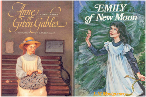 English Anne and Emily Two painted book covers. On the left a girl with braided red hair and a hat is sitting on a bench holding a bag. On the right a girl with black hair is reaching out to touch something. A shadow of a woman is behind her.
