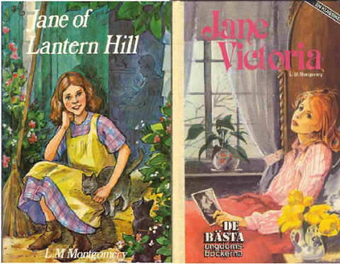 Jane of Lantern Hill Eng and Swed Painted book covers. On the left is a young girl sitting on a front step petting a cat. There is a shadow of a man in the background. On the right is a woman sitting in bed holding a picture of a man.