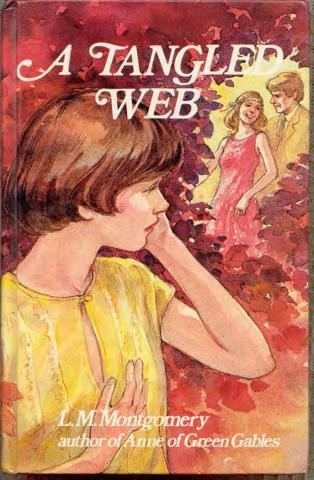Painted book cover of A Tangled Web. A person is looking back through pink bushes to a man and woman laughing together.  