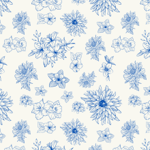 A pattern of blue flowers drawn on a white background