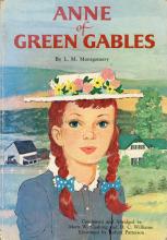 Book cover with title “Anne of Green Gables” and illustration of girl with red hair, braids and straw hat.